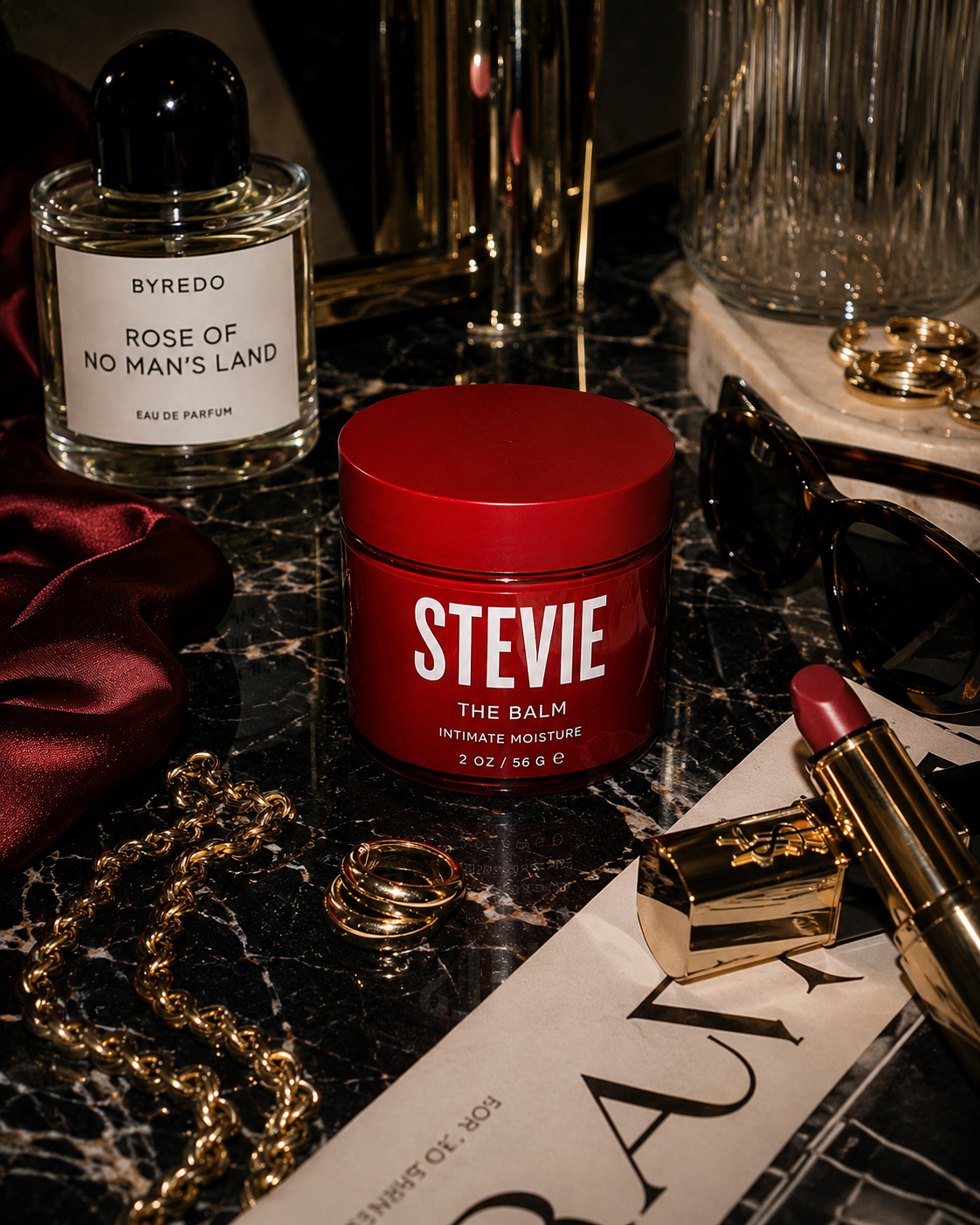 Stevie Balm on a vanity